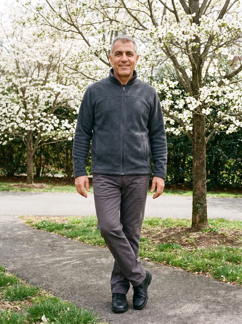 A 58-year-old Turkish man is shown full body from the front, smiling and standing with his ankles crossed while wearing a men's black fleece jacket. A dogwood tree grove serves as the backdrop.