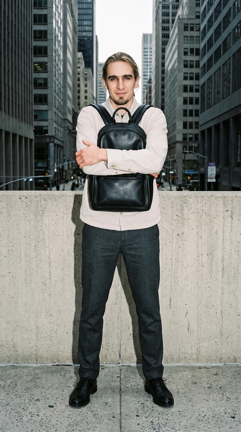 A 38-year-old Slavic man smiles while holding himself in a self-hug pose, with a men's black leather backpack shown from the front. A Financial District urban canyon forms the backdrop.