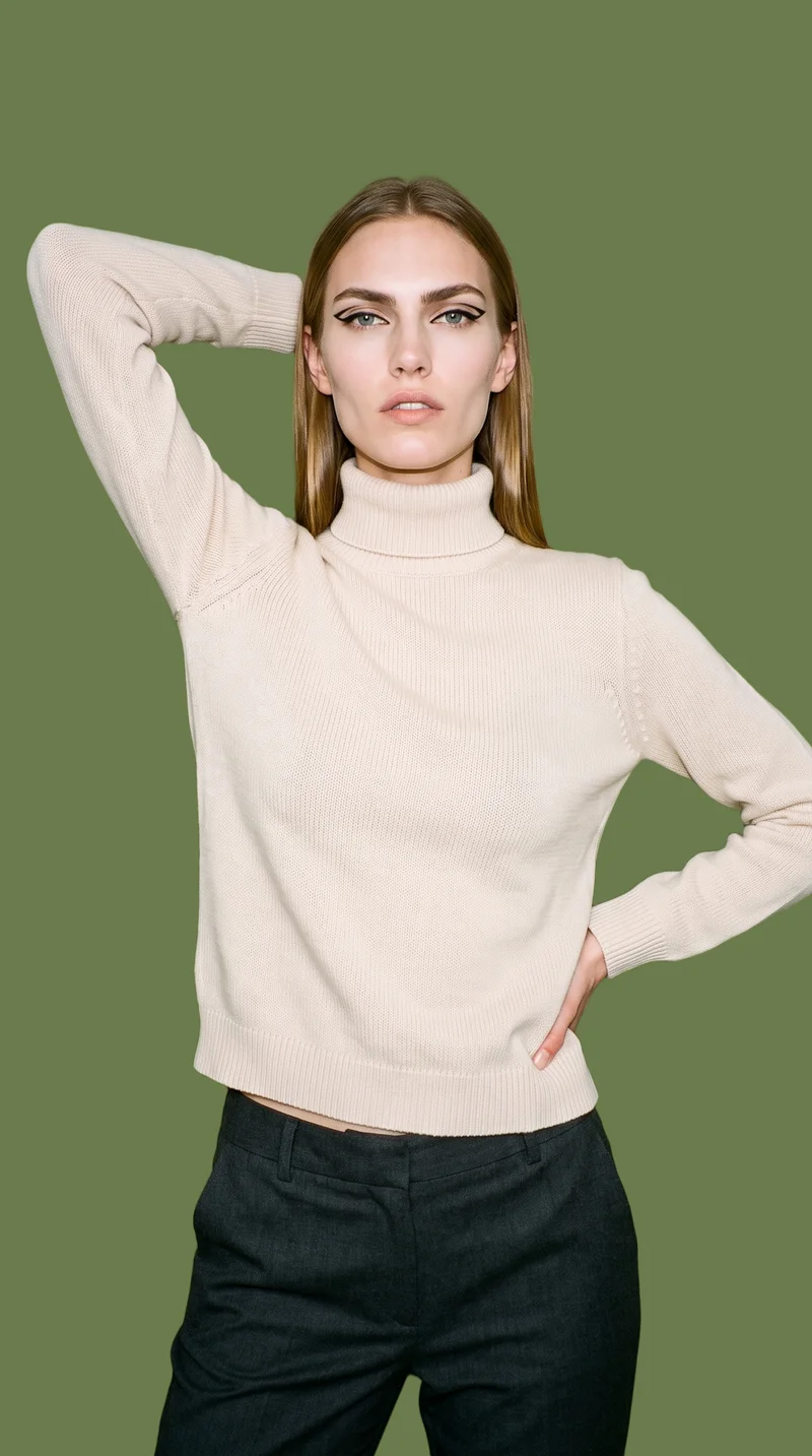 A 20-year-old Caucasian woman is shown from the upper body in a front view, wearing a cream knit turtleneck with one hand behind her neck. The olive-green backdrop is a flat color.