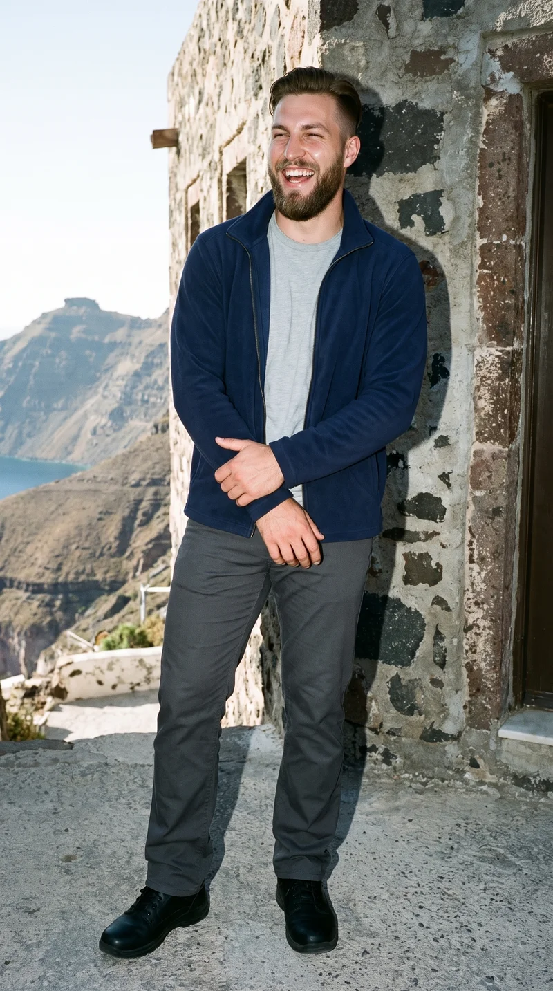 A 26-year-old Caucasian man wears a men's navy zip-up fleece jacket in a full-body front three-quarter view. He stands with his arms low and a laughing expression, with the Santorini Caldera View shown as the backdrop.