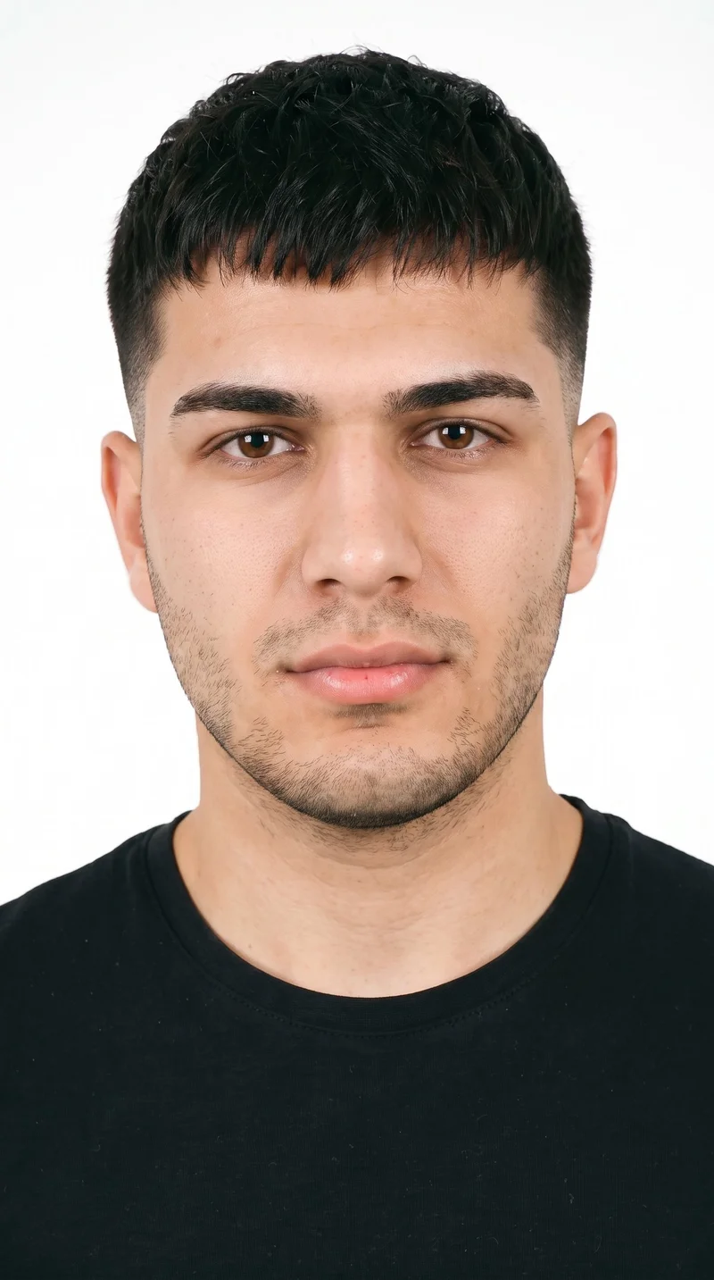 A 20-year-old Turkish man with medium, evenly warm skin and an olive-green undertone. His square face has a broad forehead and a strong, defined jaw, creating an angular, structured appearance. He has medium-thickness eyebrows, brown eyes, and medium lips. His black hair is styled in a French crop with short sides and a short, blunt fringe. Fine, closely trimmed stubble lightly covers the beard area.