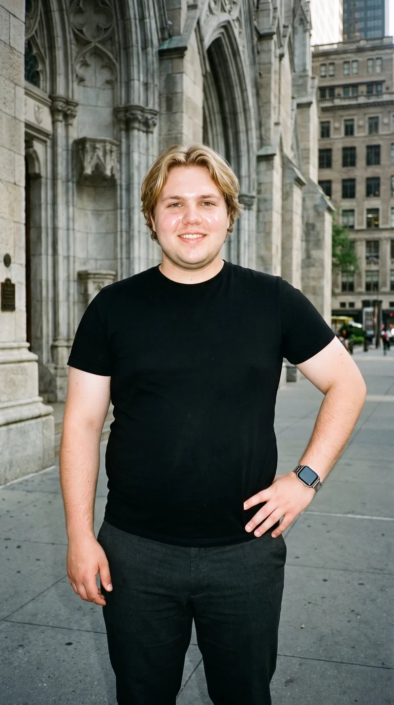 A 21-year-old Caucasian man is shown from the front in an upper-body view, wearing a silver smartwatch with one hand on his hip and a natural expression. Cathedral steps form the downtown backdrop.