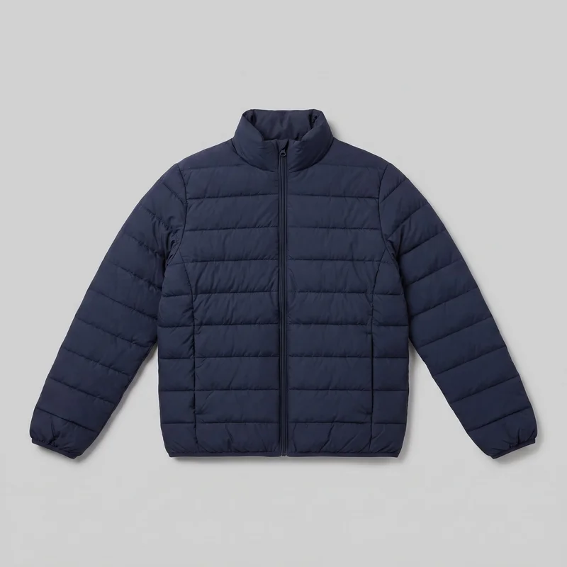 A men's navy padded puffer jacket is shown laid flat in a complete front view. It has a tall padded stand collar, a centered full-length zipper, long sleeves with gathered cuffs, a straight hem, and horizontal quilted channels across the body and sleeves.