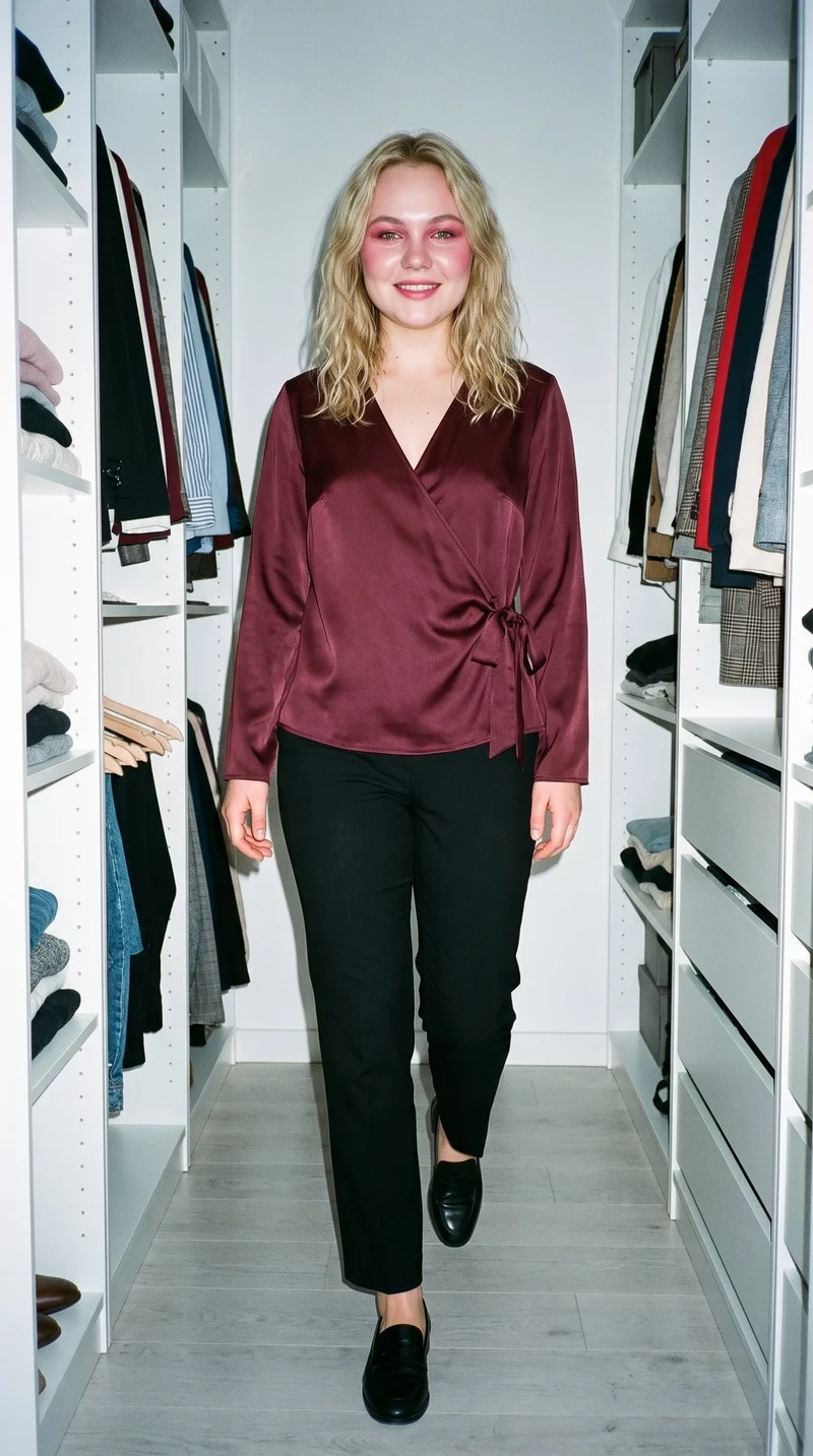 A 22-year-old Slavic woman is shown full body from the front while walking and smiling, wearing a burgundy satin wrap top. A walk-in closet forms the backdrop.