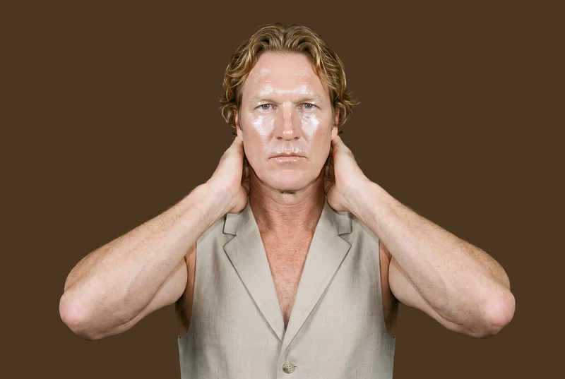 A 58-year-old Caucasian man is shown from the upper body in a front view, wearing a men's beige linen waistcoat with his hands on his neck and a neutral expression. The image has a flat mocha-colored backdrop.