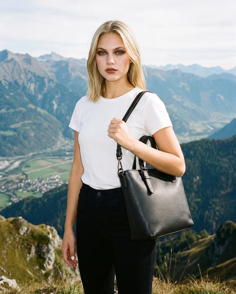 A 20-year-old Caucasian woman carries a black leather shoulder bag in a front-view, three-quarter-length composition. The bag is shown in a shoulder-carry pose, with a neutral facial expression and a mountain overlook backdrop.