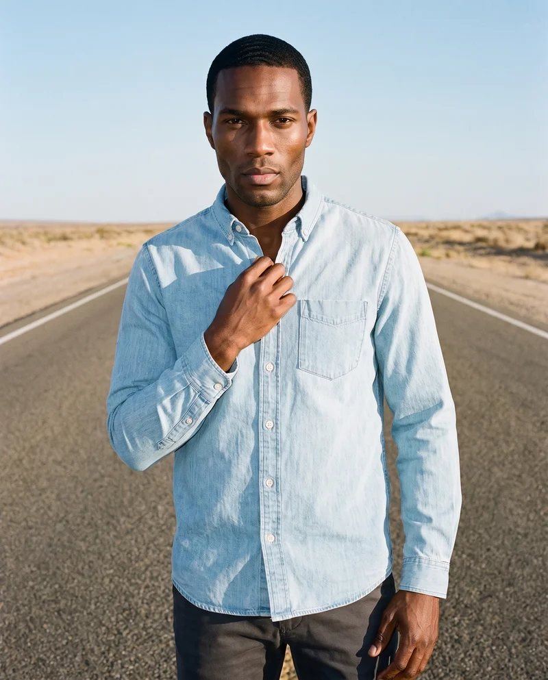 A 42-year-old African man is shown from the upper body in a front view wearing a light wash denim shirt. His fingers rest at his chest, and he has a neutral facial expression. A desert highway serves as the backdrop.