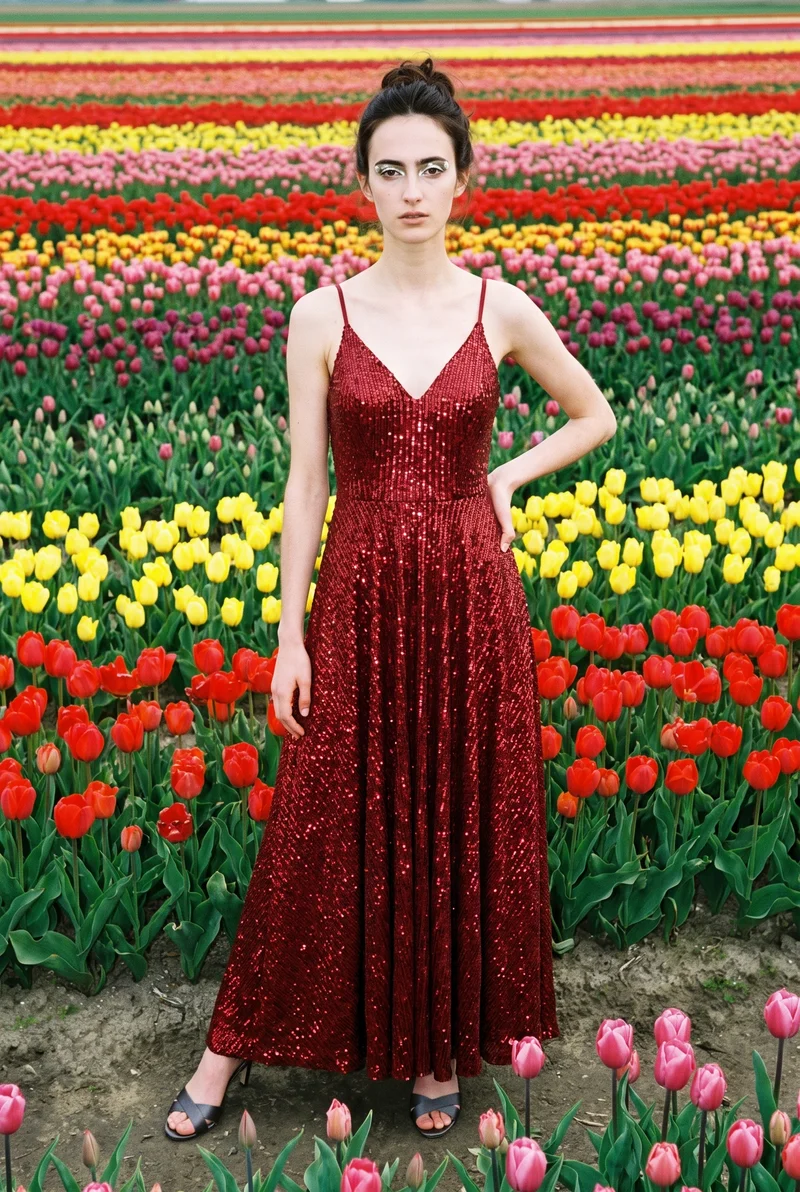 Red Sequin Evening Gown, Environmental at Front, Natural E-Commerce lighting