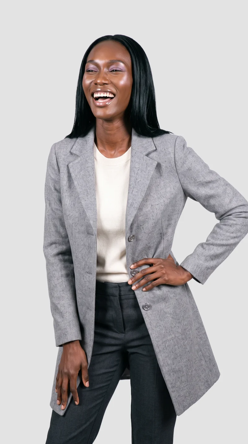 Women's Grey Wool Coat, Three-quarter length at Three-quarter, Studio Cutout lighting