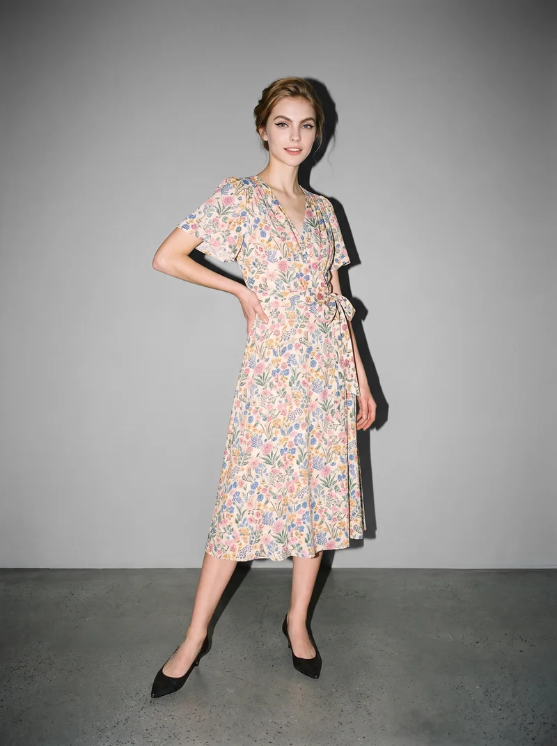An 18-year-old Caucasian woman wears a floral print wrap dress in a full-body view from a front three-quarter angle. She stands with her weight back and a natural facial expression against a pebble grey studio-wall backdrop.