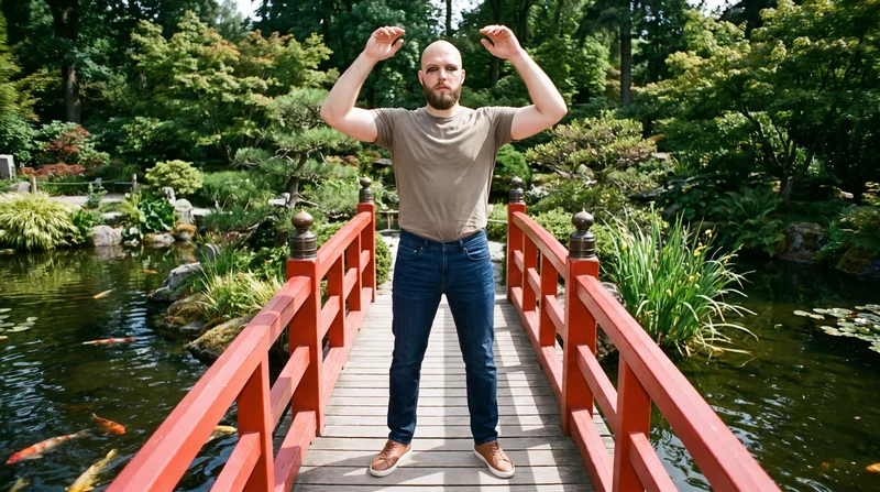 A 26-year-old Caucasian man wears indigo slim jeans in a front-view environmental composition, standing with his arms overhead and a neutral expression. A red koi pond bridge forms the backdrop.
