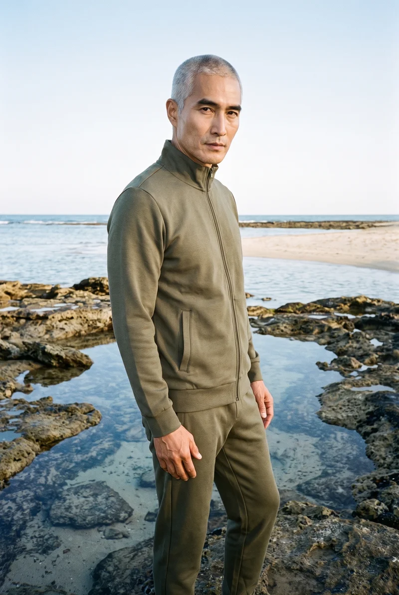 A 54-year-old Korean man wears an olive tracksuit in a front-facing three-quarter-length view, posed with a waist twist and a natural expression. Tidal pool rocks form the backdrop.