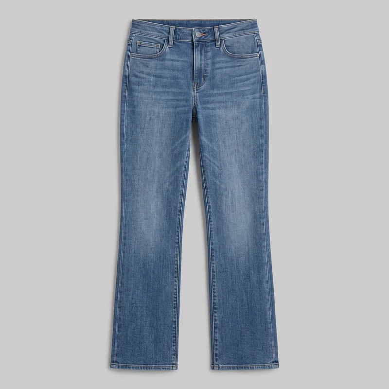 A full pair of women's mid-wash bootcut jeans is shown flat from the front against a simple backdrop. The jeans have a mid-rise waistband with belt loops and a visible top button, a structured fly, two curved front pockets, a small coin pocket, rivets, contrast topstitching, and subtle fading with horizontal whisker effects across the upper front and thighs. The legs fit closely through the upper portion before opening slightly at the bootcut hems.