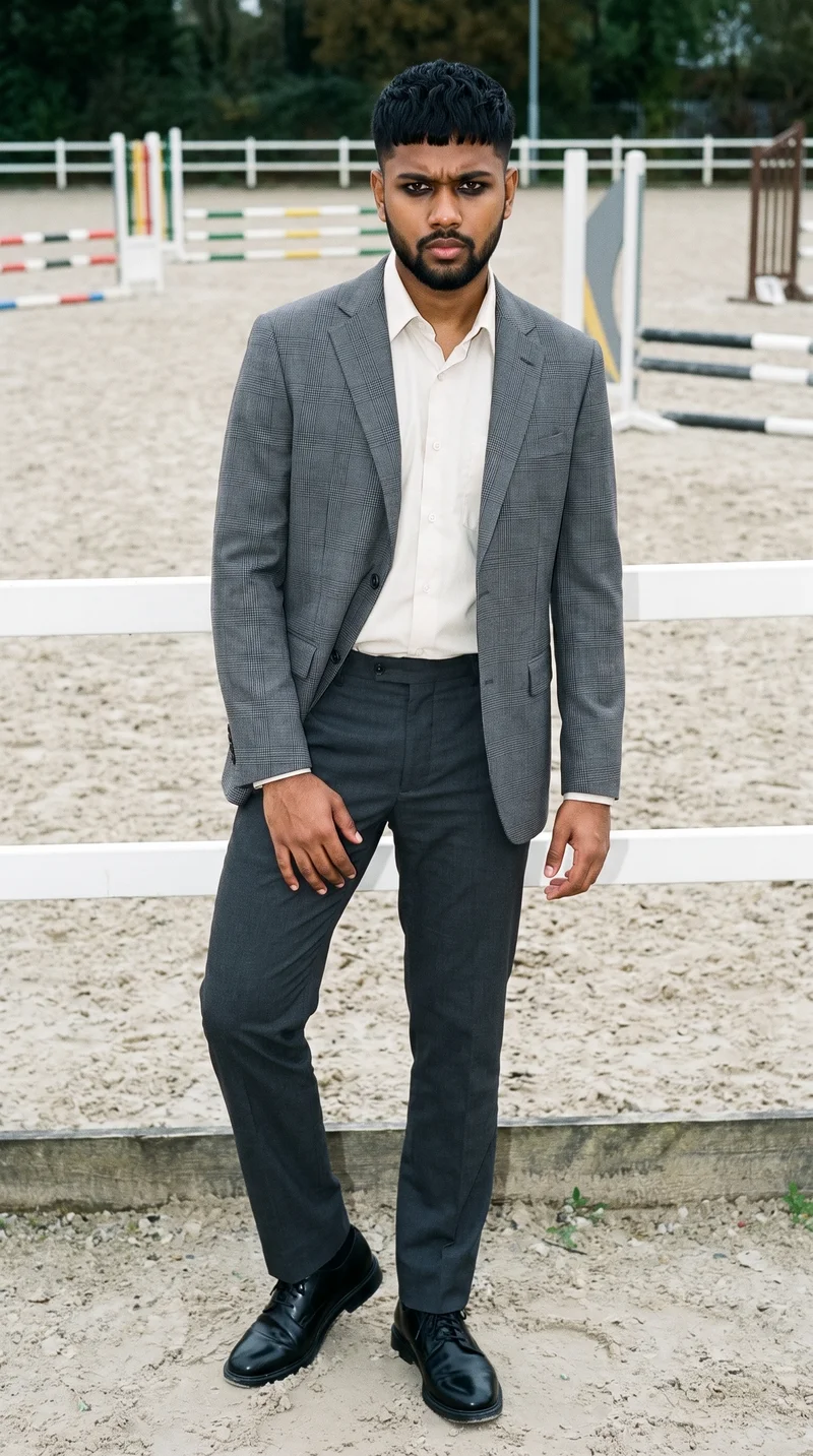Men's Grey Checked Blazer, Full body at Front, Clean Catalog lighting