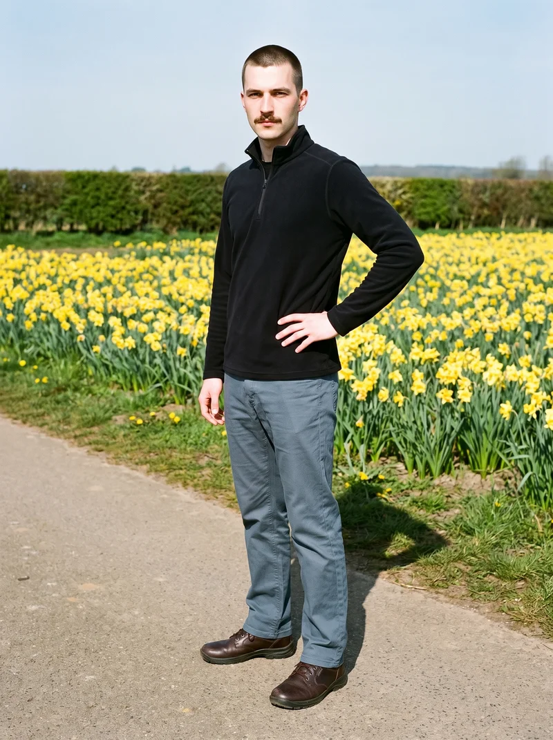 A 22-year-old Slavic male model wears a men’s black half-zip in a full-body front three-quarter view, standing with one hand on his hip and a confident expression. A daffodil field forms the backdrop.