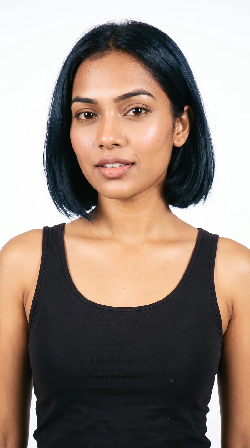 This 22-year-old Indian woman has a warm honey skin tone with a golden undertone. Her heart-shaped face has a wider forehead that narrows to a more pointed chin. She has medium-thickness eyebrows, full lips, and very dark, near-black eyes. Her deep black hair is cut in a clean, structured bob at jaw-to-chin length, even all around.