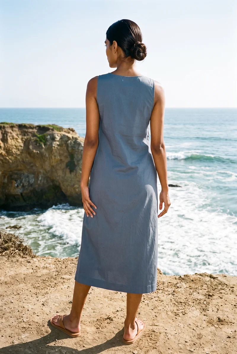 A 33-year-old Indian woman is shown full body from the back in a hip-out pose, wearing women's tan leather flip-flops. A coastal cliff and Pacific waves form the backdrop.
