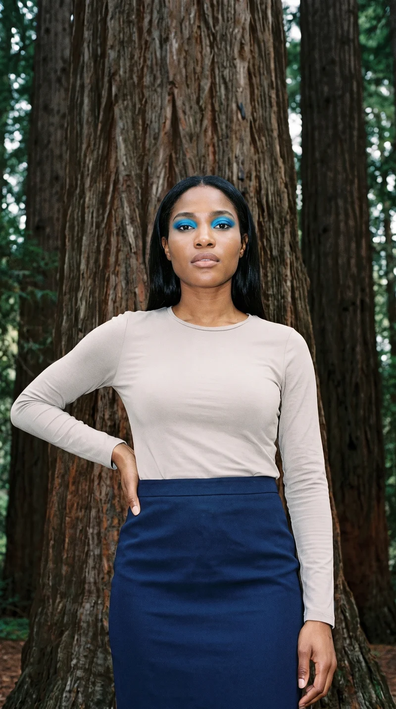 A 23-year-old African woman wears a navy pencil skirt in a three-quarter-length front view, standing with one hand on her waist and an intense expression. A redwood grove serves as the backdrop.