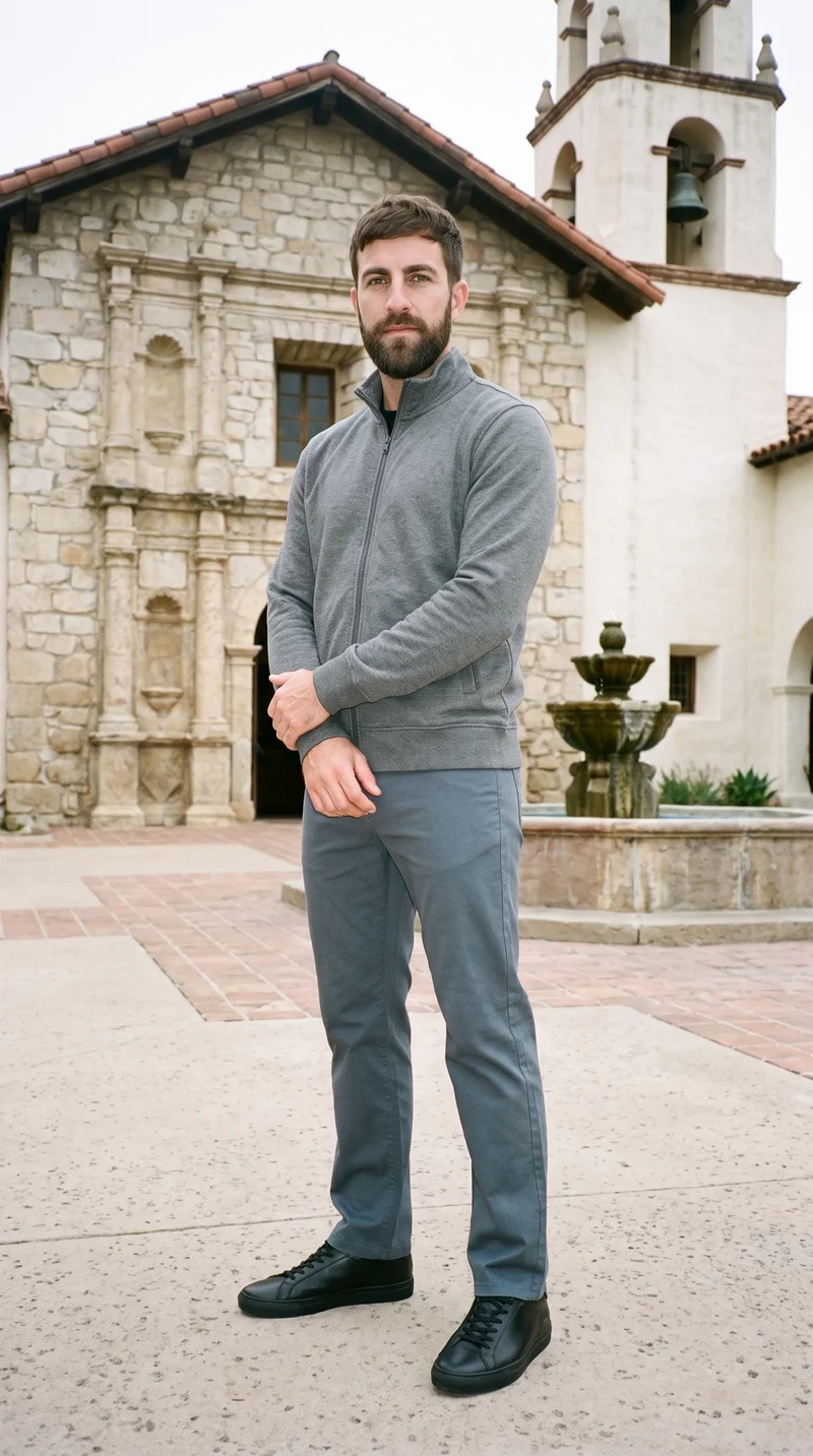 A 36-year-old Caucasian man wears a men's grey zip track jacket in a full-body front three-quarter view. His arms are held low and his expression is serious. The Mission Courtyard Bell Fountain appears as the backdrop.