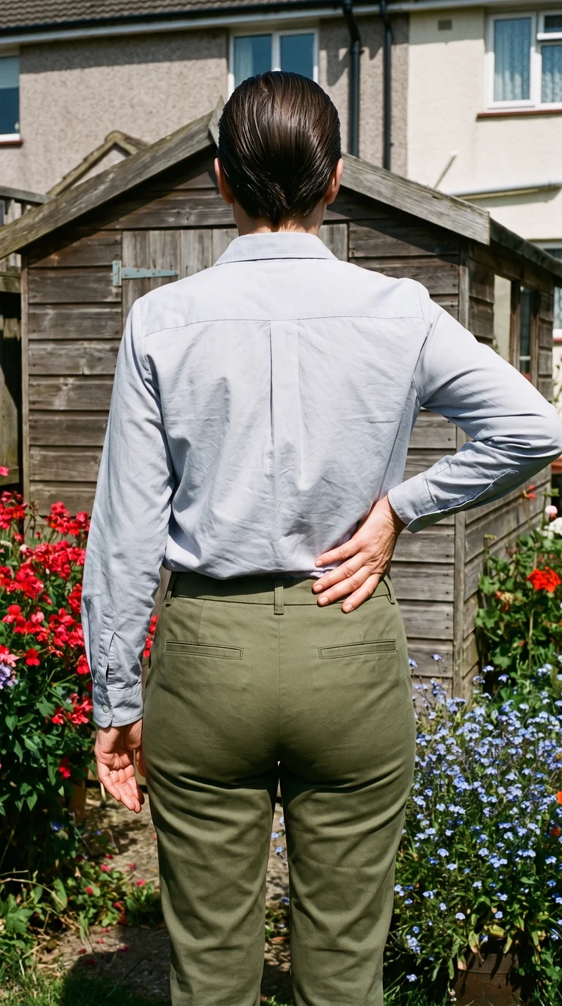 A 50-year-old Caucasian woman wears women's olive tapered chinos in a three-quarter-length back view, with one hand on her lower back. A Garden Shed backdrop is visible.