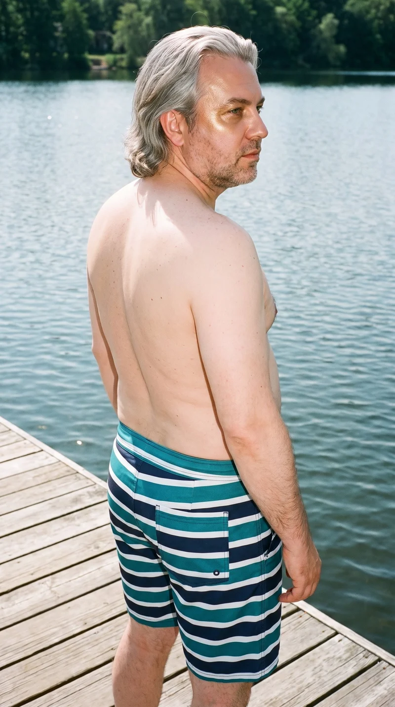 Striped Board Shorts, Three-quarter length at Angled rear, Natural E-Commerce lighting