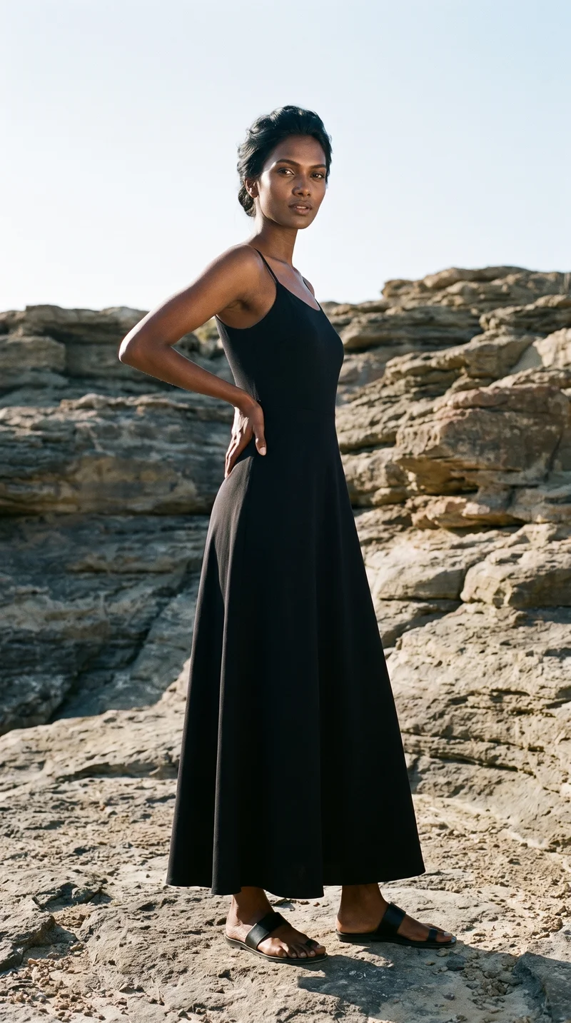 A 34-year-old Indian woman wears a black evening gown in a full-body view from a front three-quarter angle. She stands with a wide stance and a natural facial expression against a Badlands backdrop.