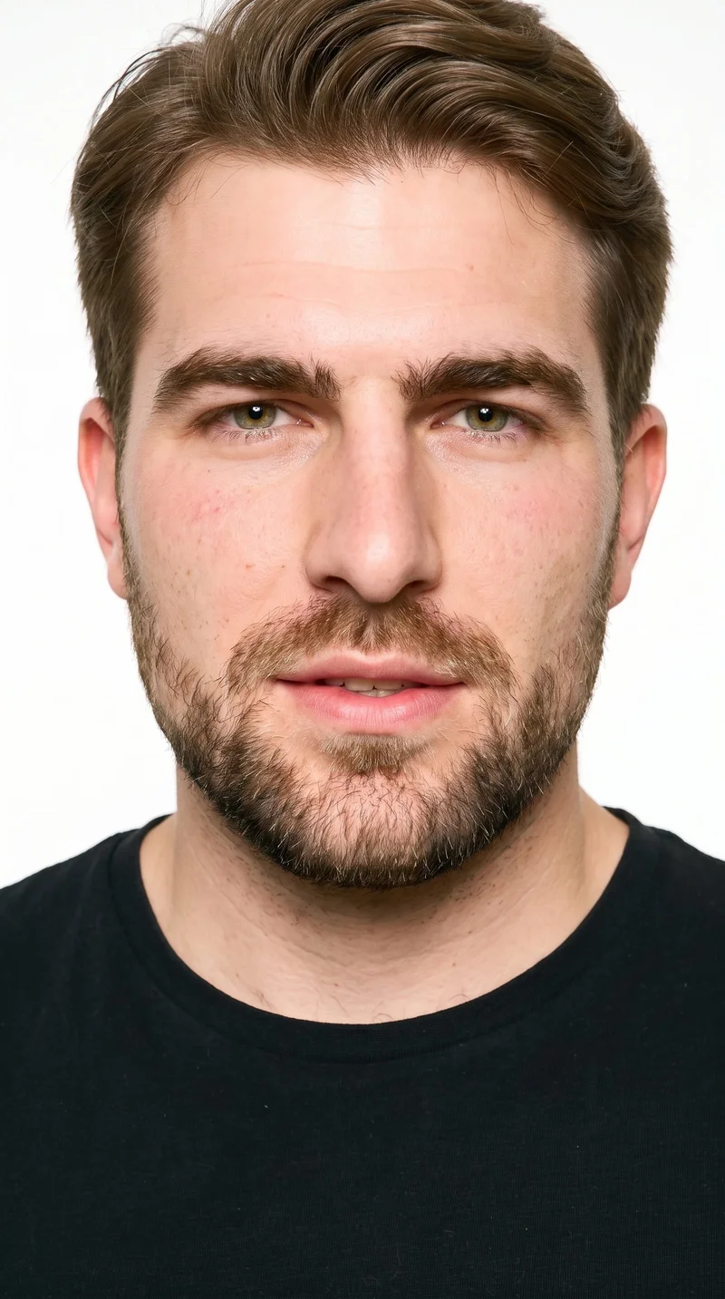 A 29-year-old Caucasian man with lightly tanned fair skin and a neutral undertone. His weathered face has characterful, lived-in features with strong definition, thick eyebrows, green eyes, and thin lips. His brown hair is tapered, gradually shortening at the sides and neckline while retaining length on top. He has a short, structured beard with defined edges along the cheeks and jaw.