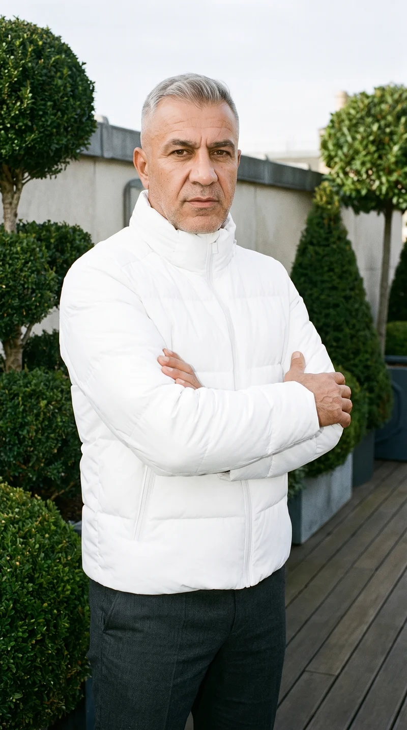 A 58-year-old Turkish man wears a white padded ski jacket in a three-quarter-length frame. He is shown from a front three-quarter angle with one arm held, a serious expression, and a formal rooftop garden backdrop.