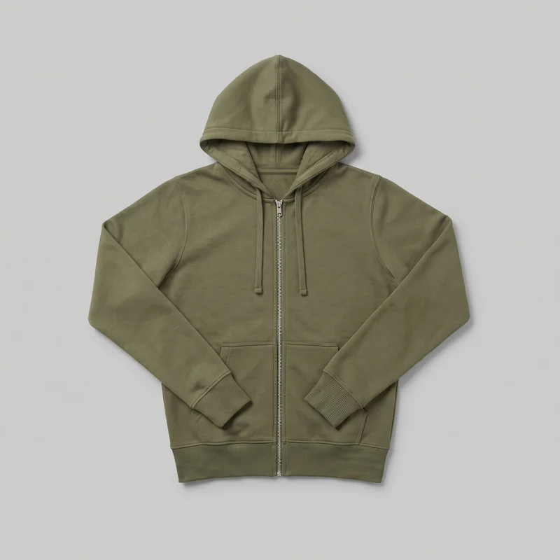 A mostly complete front view of a women's olive zip-up hoodie laid flat. The sweatshirt has a two-piece drawstring hood, a full-length zipper with visible teeth and pull, long sleeves with ribbed cuffs, a straight ribbed bottom hem, and two lower pouch-style pockets divided by the zipper. Curved shoulder and armhole seam lines are visible, with no logos, prints, patches, embroidery, or embellishments.