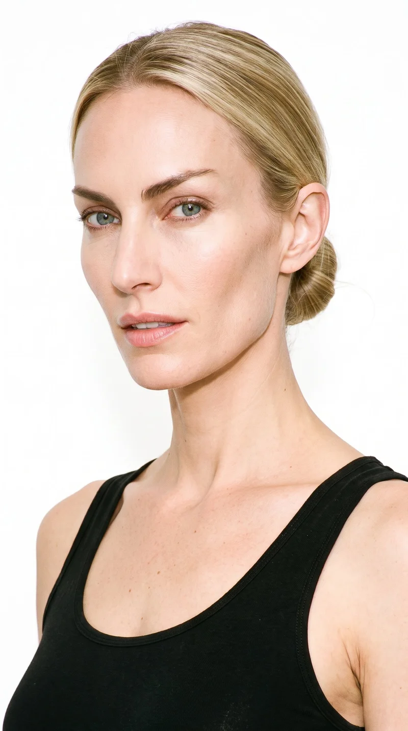 A 33-year-old Caucasian woman with medium skin and a neutral undertone has an angular face defined by sharp cheekbones and a structured jawline. Her medium-thickness eyebrows frame green eyes, and she has medium-sized lips. Mid-tone blonde hair is smoothed back into a neat bun at the nape.