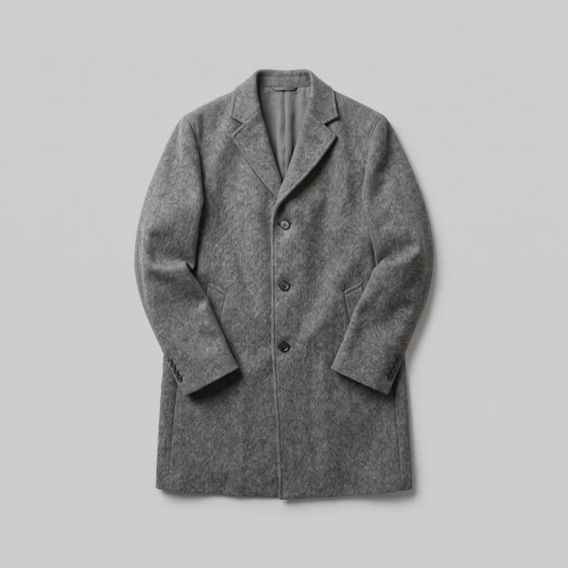 A grey men's wool overcoat is shown in a standalone front view, laid flat or suspended with the full garment visible. It has a long, straight silhouette, structured shoulders, long set-in sleeves, notched lapels, a three-button front closure, a chest welt pocket, angled lower welt pockets, vertical front seams, vented buttoned cuffs, and a straight hem. The coat has a nubby woven texture and no visible logos or embellishments.