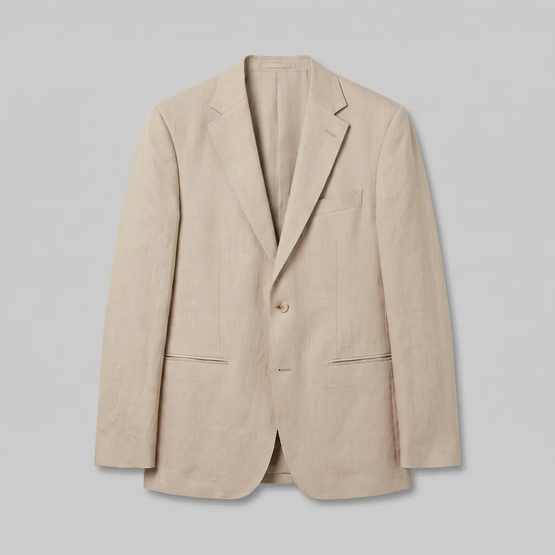 A beige linen blazer is shown as a mostly complete standalone front view. It has a structured straight body, squared shoulders, full-length set-in sleeves, notched lapels forming an open V-shaped neckline, and a hip-length hem with rounded front quarters. The single-breasted front has two buttons, visible buttonholes, a lapel buttonhole, one welt chest pocket, two horizontal lower welt or flap pockets, vertical front darts, and clean panel seaming.