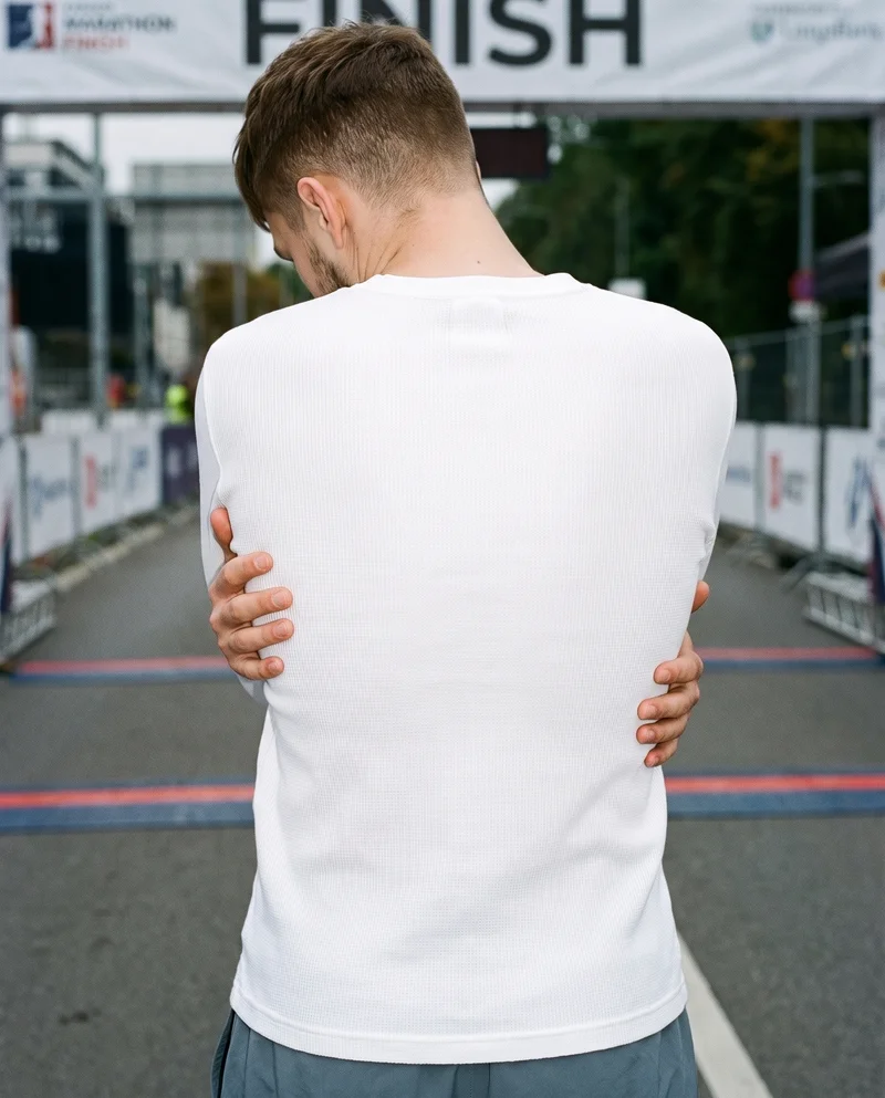 Men's White Base-Layer Thermal Top, Upper body at Back, Clean Catalog lighting