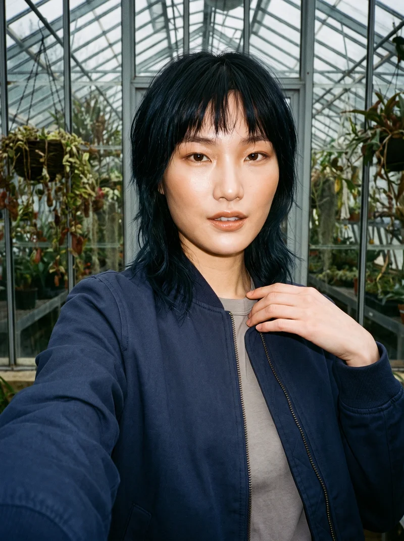 A 27-year-old Korean woman wears a navy bomber jacket in a front-view selfie posed over her shoulder. The image has a natural facial expression and a greenhouse conservatory backdrop.