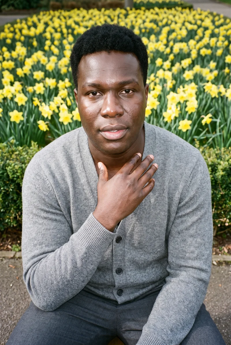 A 34-year-old African man is shown from the upper body in a front view, wearing a grey knit cardigan with one hand at his collarbone. He has a natural facial expression, with a daffodil field used as the backdrop.