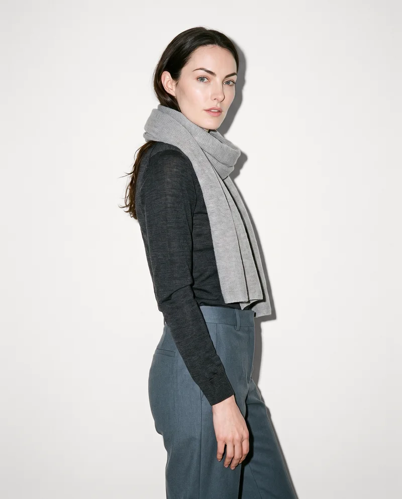 Women's Grey Wool Scarf, Three-quarter length at Side, Flash Editorial lighting