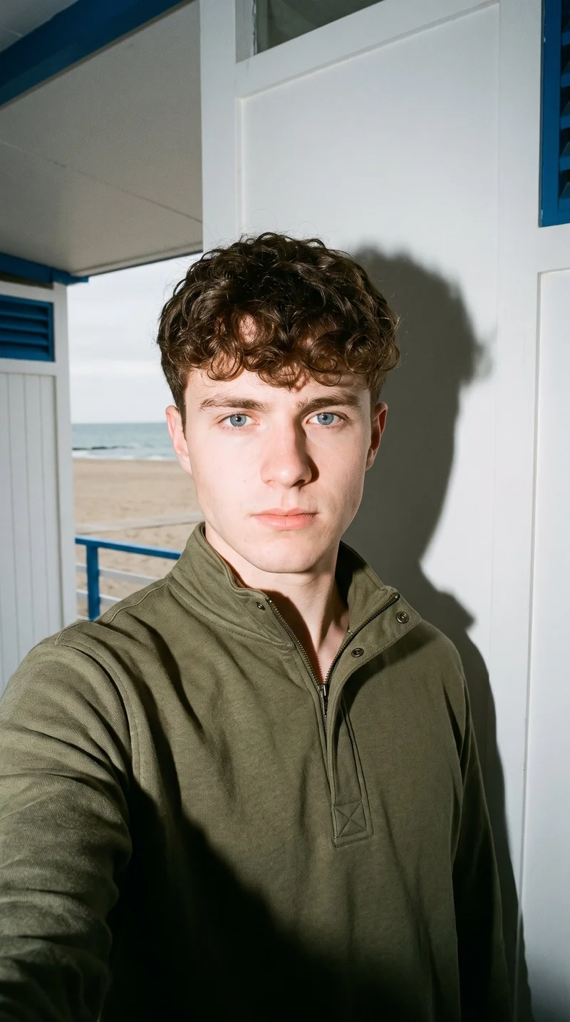 An 18-year-old Caucasian man wears an olive quarter-zip in a front-facing selfie with his head level and a neutral expression. A Greek island beach club forms the backdrop.