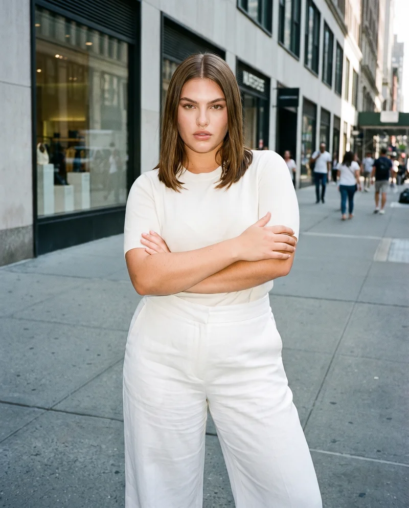 A 20-year-old Caucasian woman wears white linen palazzo trousers in a three-quarter-length front view with her arms crossed and a fierce expression. An urban street serves as the backdrop.