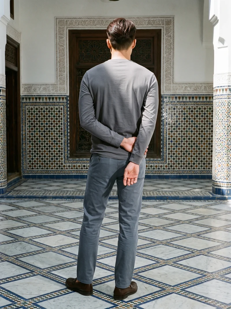 A 23-year-old Korean man is shown full body from the back with his arms held low, wearing a charcoal Henley top. The backdrop is a Moroccan riad courtyard.