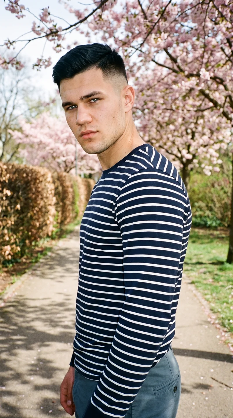 An 18-year-old Slavic male model wears a navy striped long-sleeve tee. He is shown from the upper body at a front three-quarter angle with a shoulder-drop pose and a neutral expression, against a cherry blossom park backdrop.