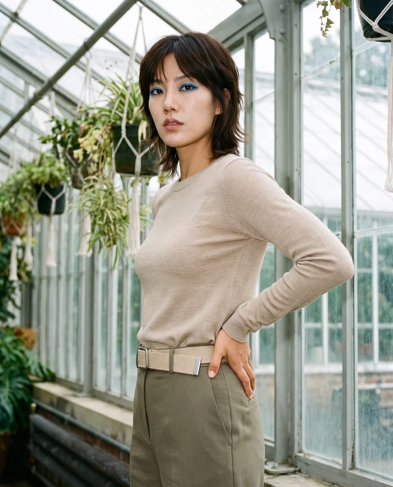Women's Beige Canvas Belt, Three-quarter length at Side, Clean Catalog lighting