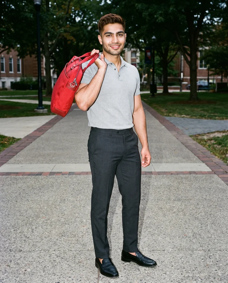 A 29-year-old Indian man is shown full body from a front three-quarter angle, smiling with a red crossbody bag worn on his shoulder. A campus quad serves as the backdrop.