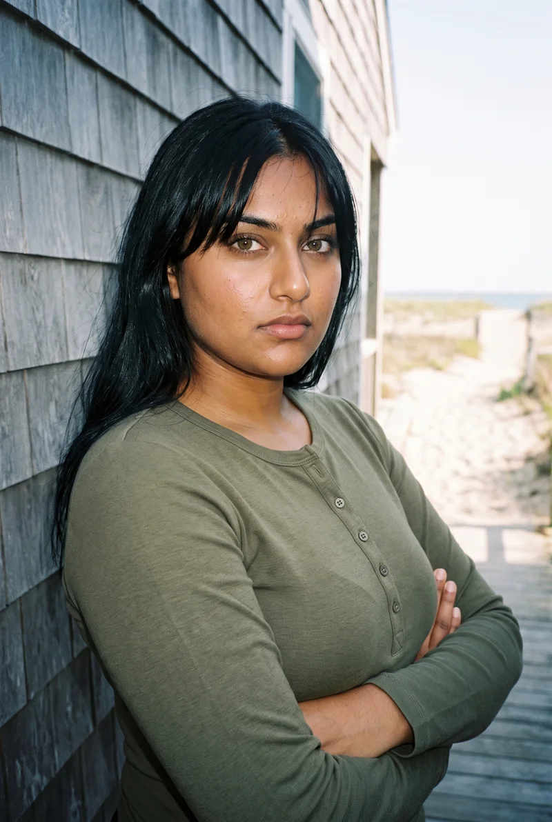 A 19-year-old Indian woman wears an olive long-sleeve Henley top in an upper-body composition. She is shown from a front three-quarter angle with her arms crossed and an intense expression. A Cape Cod beach house serves as the backdrop.
