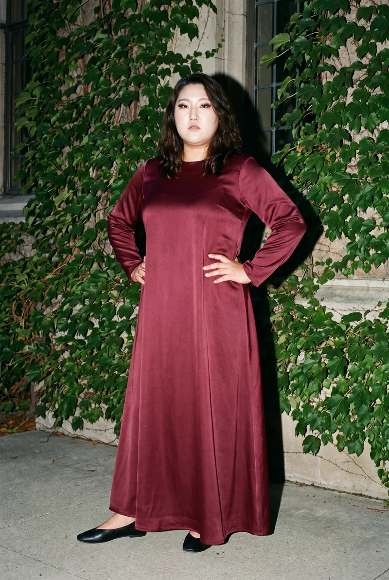Burgundy Satin Abaya, Full body at Three-quarter, Flash Editorial lighting
