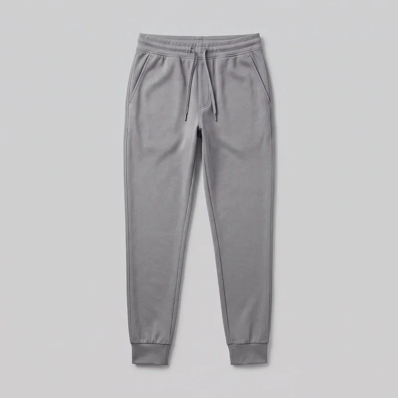 Men's grey tapered performance jogger sweatpants shown in a complete front flat-lay view. The pull-on design has a wide elasticated waistband with horizontal stitch channels and a front drawstring, angled slash pockets, stitched side panels, tapered legs, and ribbed ankle cuffs.