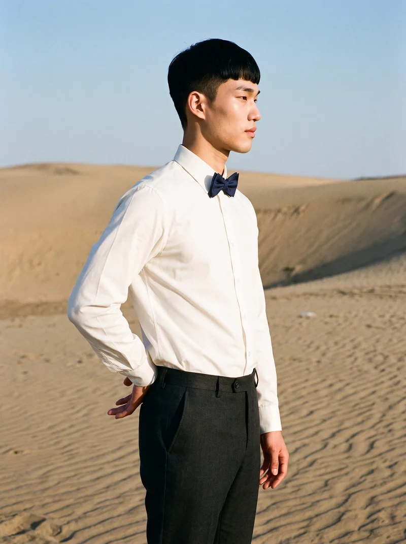 A 21-year-old Korean man wearing a navy bow tie is shown in a three-quarter-length side view with one hand on his lower back and a natural facial expression. A sand dunes footprints backdrop is visible behind him.