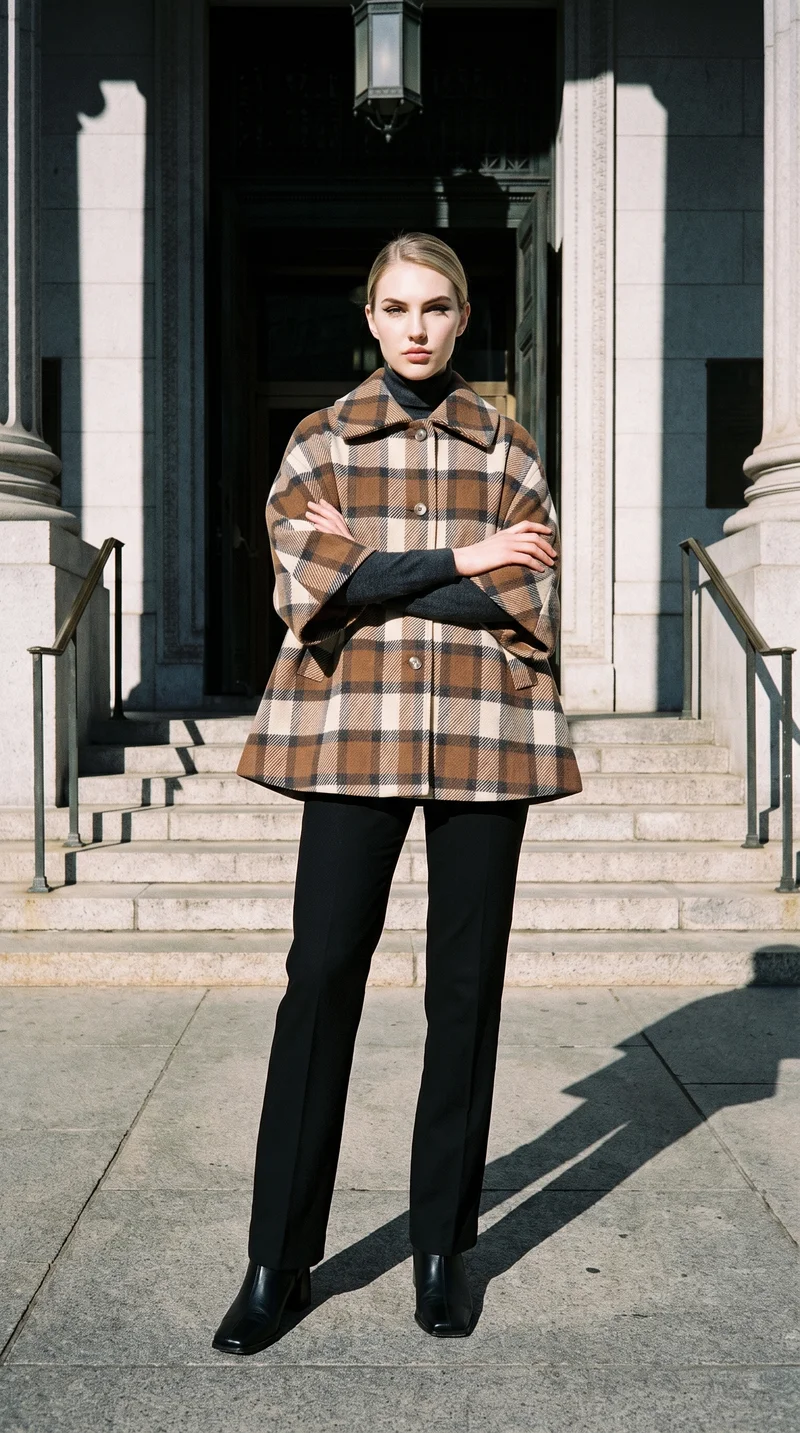 Checked Wool Poncho, Environmental at Front, Flash Editorial lighting