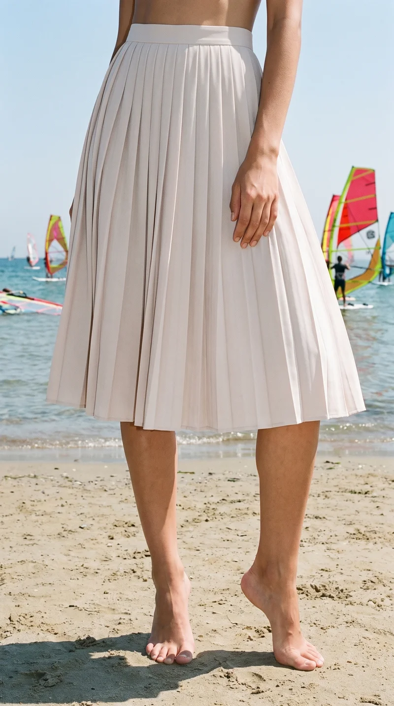 A model shown from the lower body wears a pleated chiffon maxi skirt in a front view while standing on tiptoes. A Windsurfing Bay backdrop is visible behind her.
