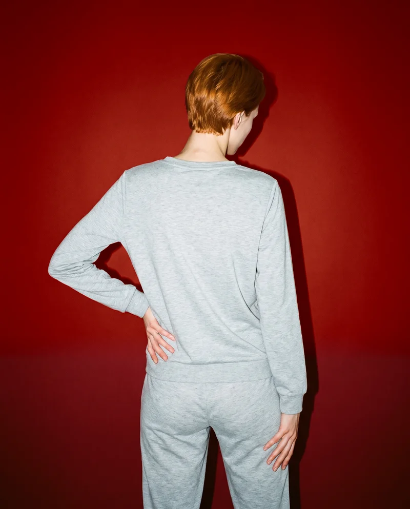 Women's Grey Marl Pyjama Set, Three-quarter length at Back, Natural E-Commerce lighting