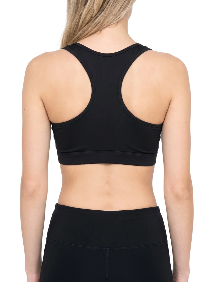 A black high-impact sports bra shown on a female model from the rear, framed from the torso with her arms relaxed. The garment is isolated against a pure white backdrop.